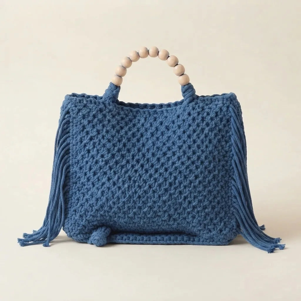 Blue fringe shoulder bag with tassels, front view