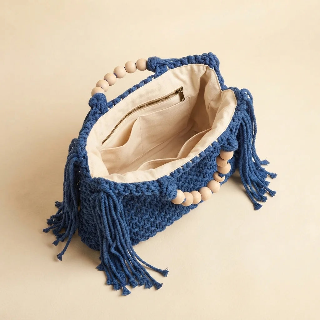 Interior lining and pockets of Blue fringe shoulder bag with tassels