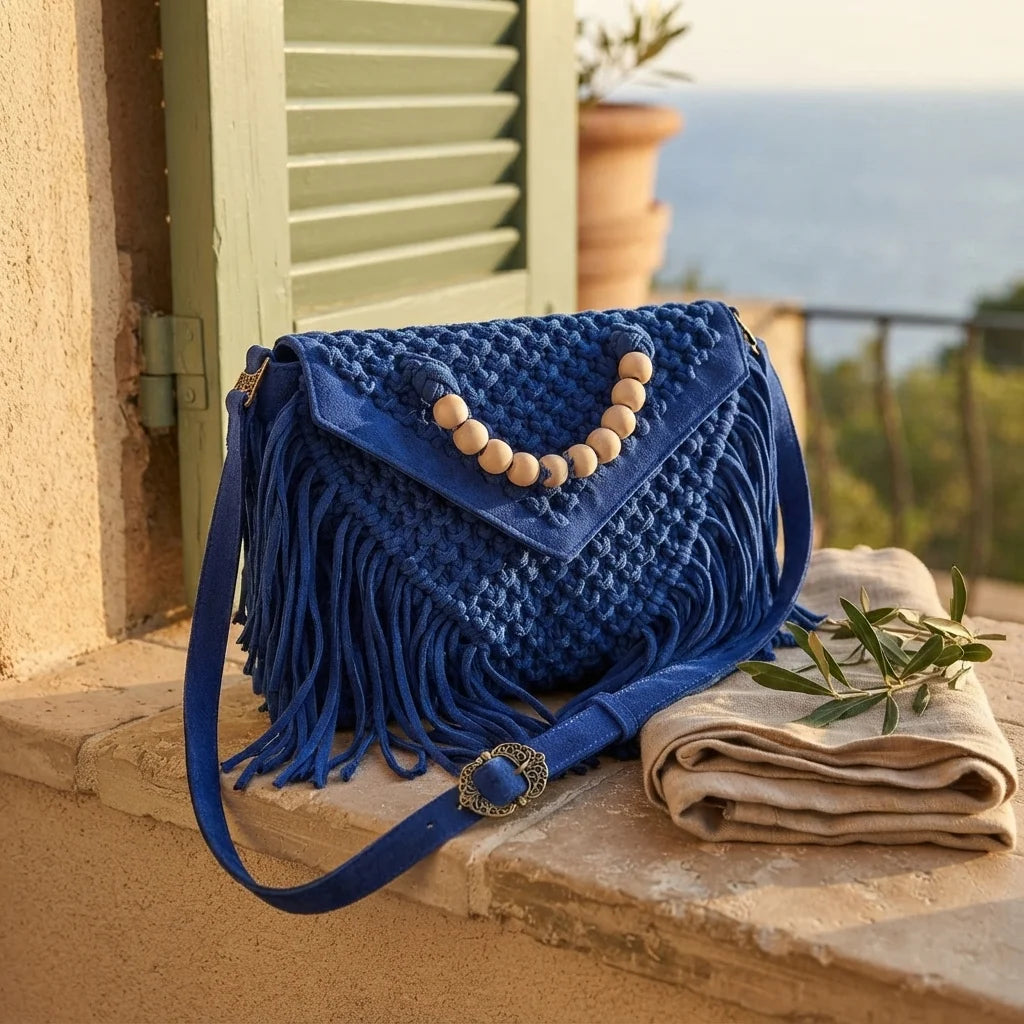 Blue fringe shoulder bag with tassels styled in a warm Mediterranean setting