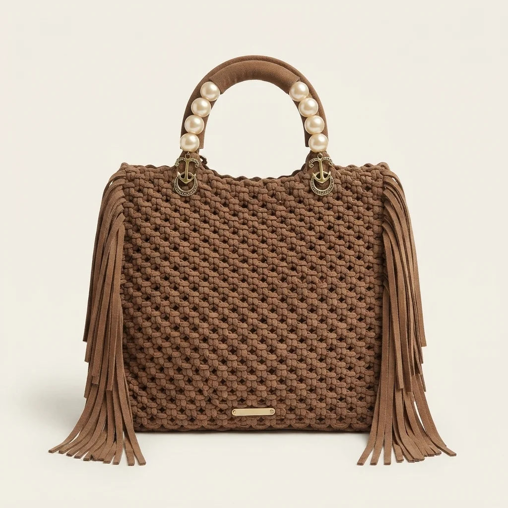 Brown fringe shoulder bag with tassels, front view