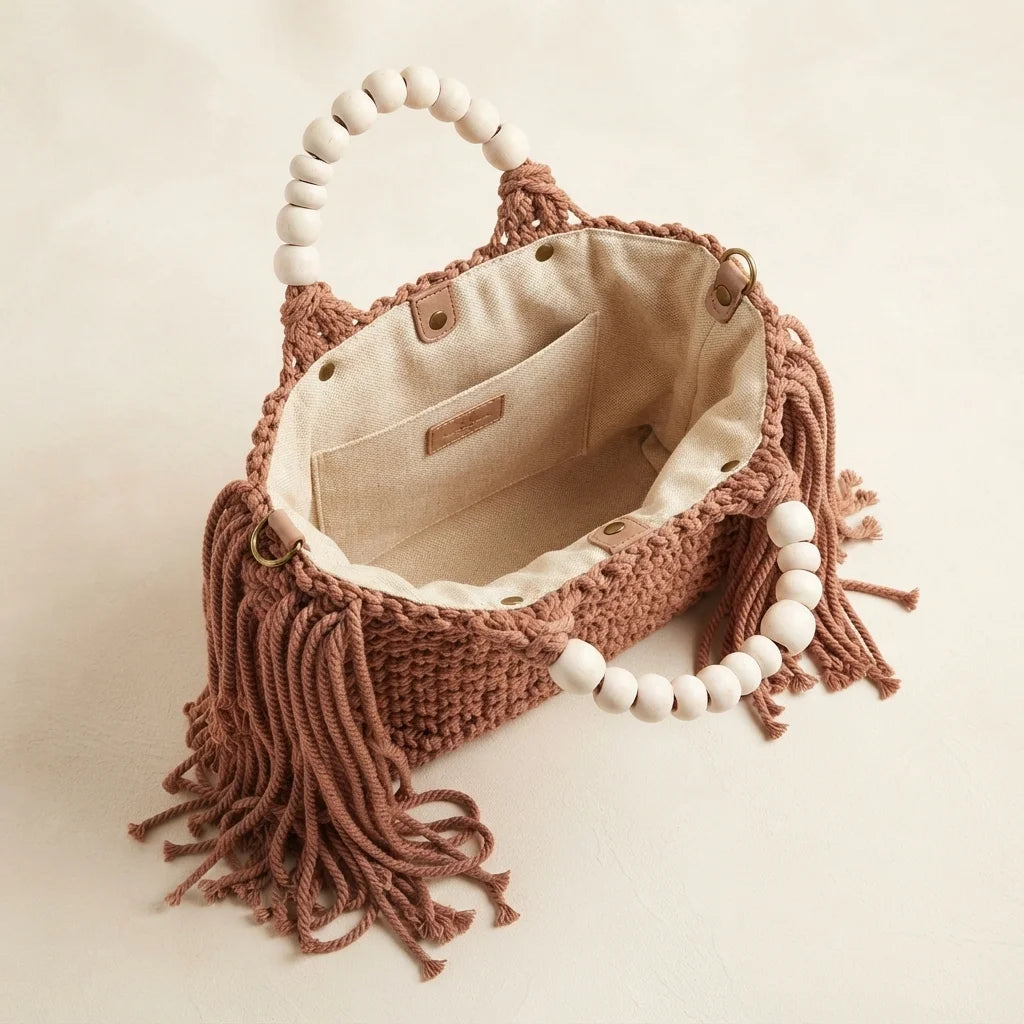 Interior lining and pockets of Brown fringe shoulder bag with tassels