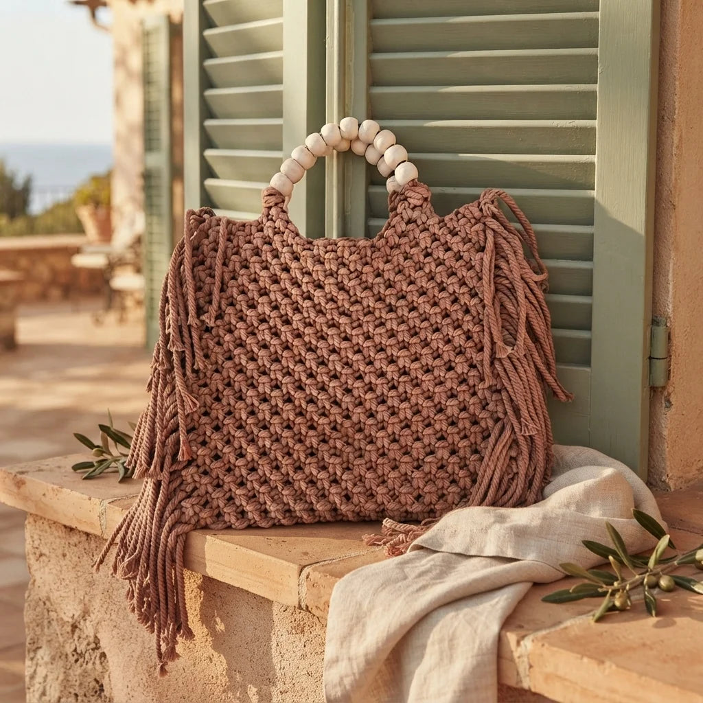 Brown fringe shoulder bag with tassels styled in a warm Mediterranean setting