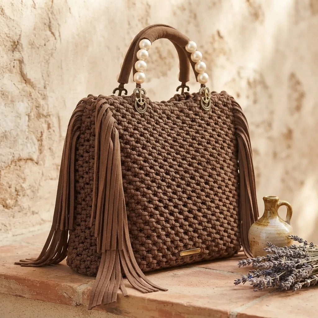 Brown fringe shoulder bag with tassels, three-quarter angle showing side depth