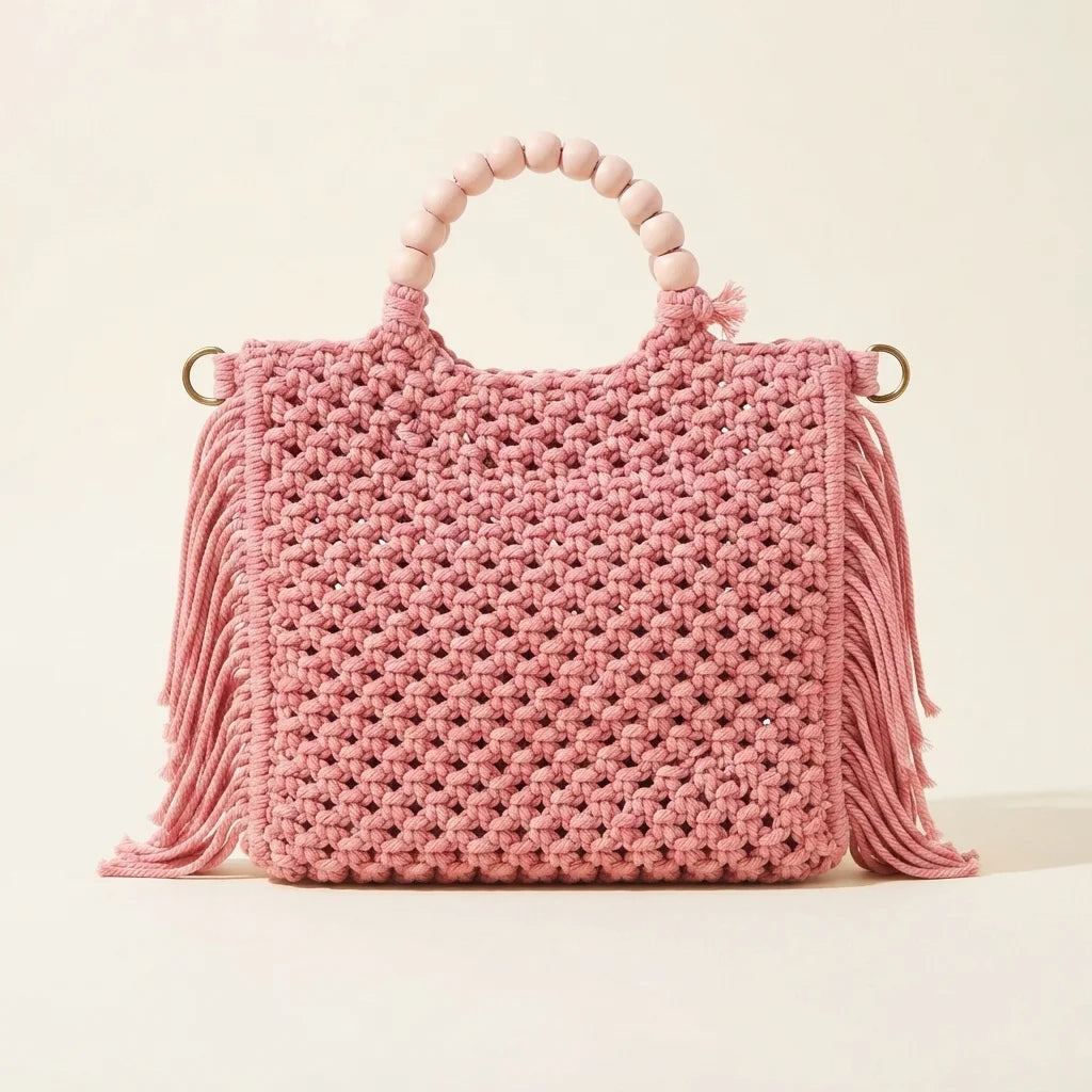 Back panel of Pink fringe shoulder bag with tassels with strap attachments