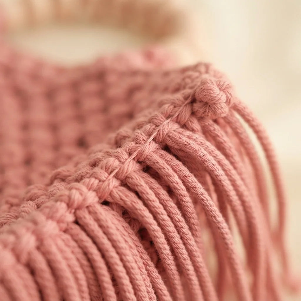 Close-up of fringe stitching and texture on Pink fringe shoulder bag with tassels