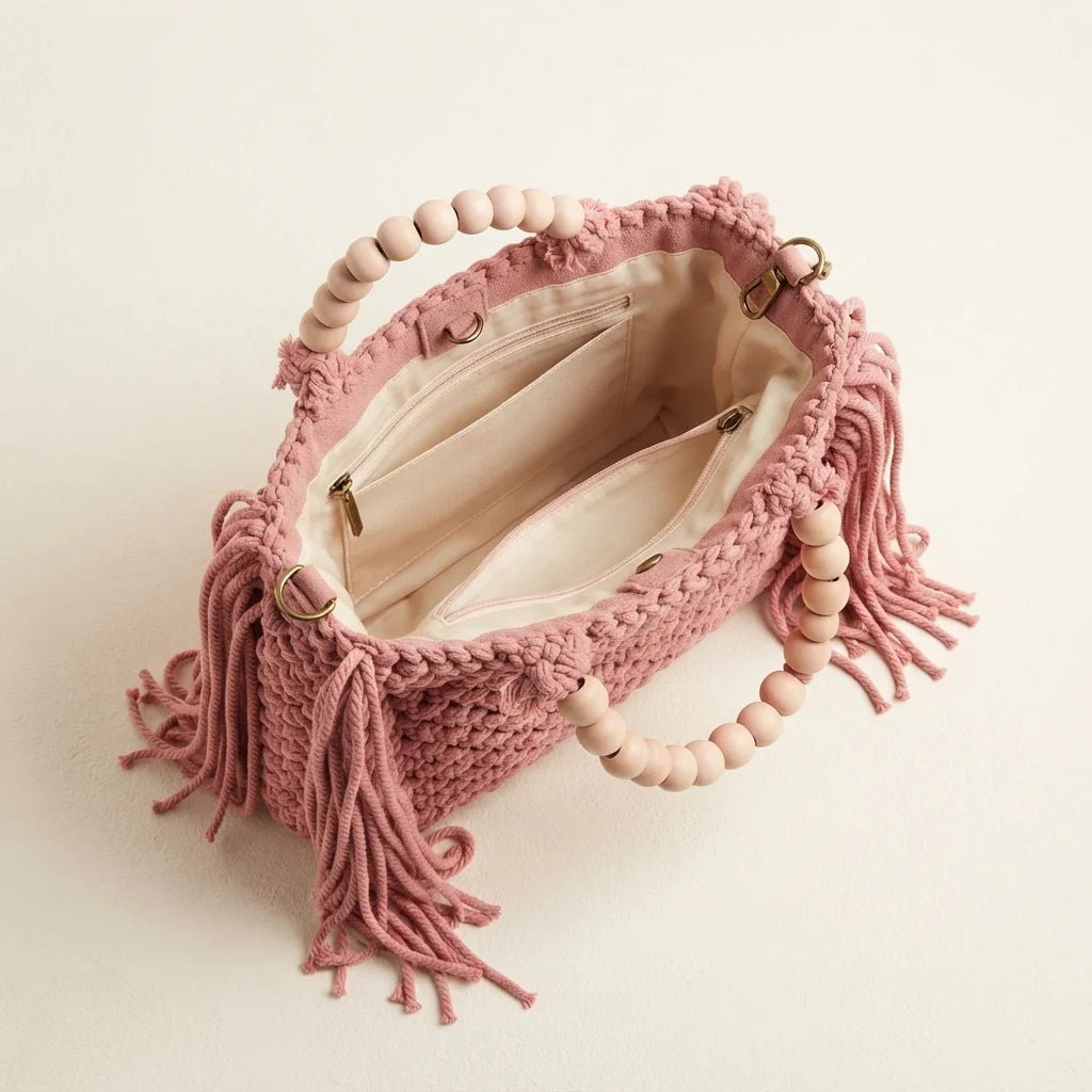 Interior lining and pockets of Pink fringe shoulder bag with tassels