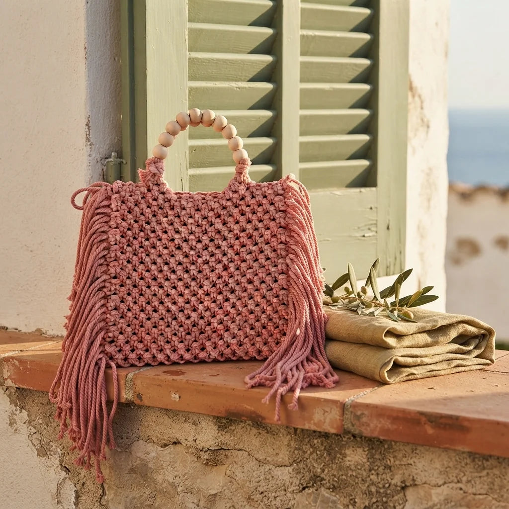 Pink fringe shoulder bag with tassels styled in a warm Mediterranean setting