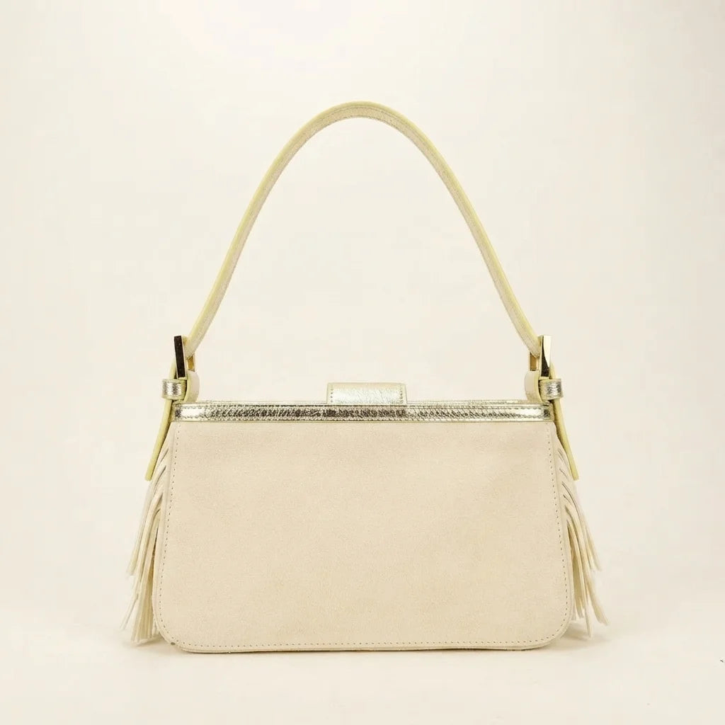 Back panel of Cream fringe shoulder bags designer with strap attachments
