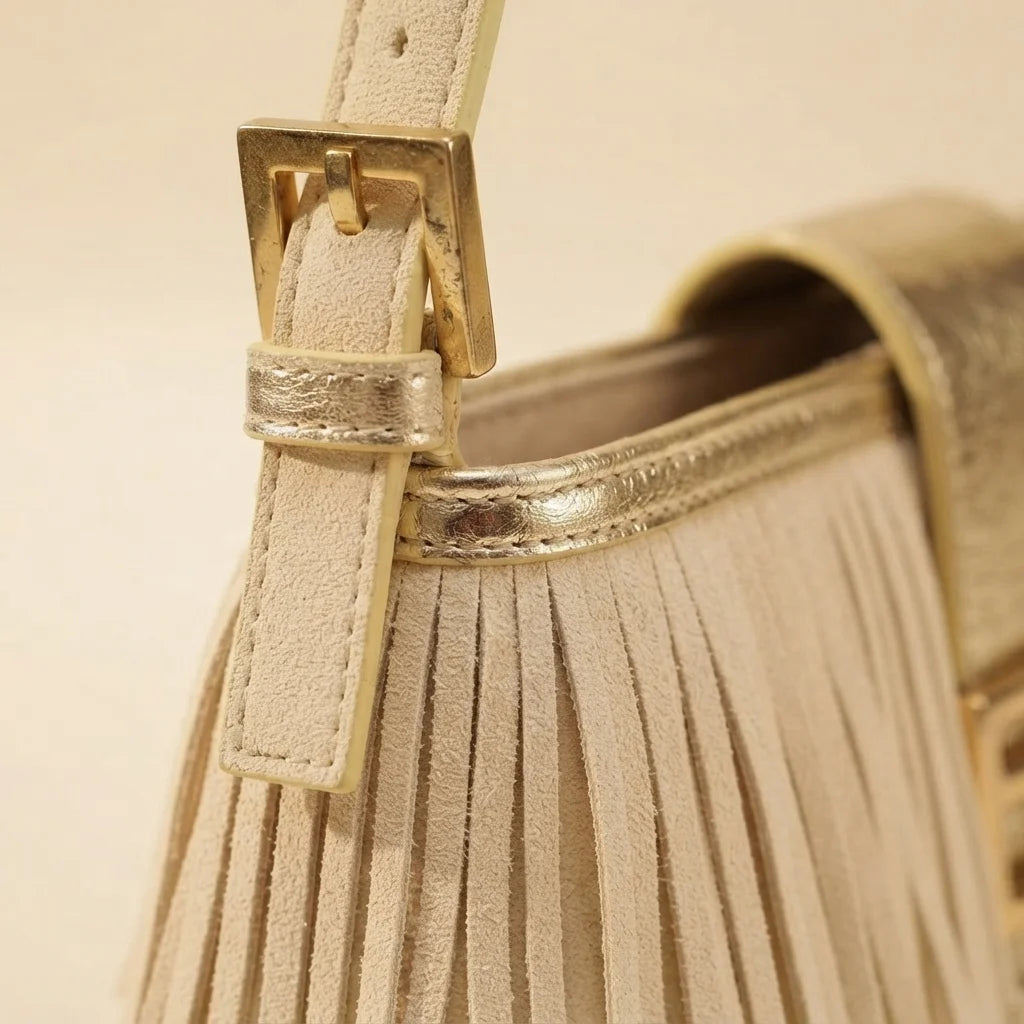 Close-up of fringe stitching and texture on Cream fringe shoulder bags designer