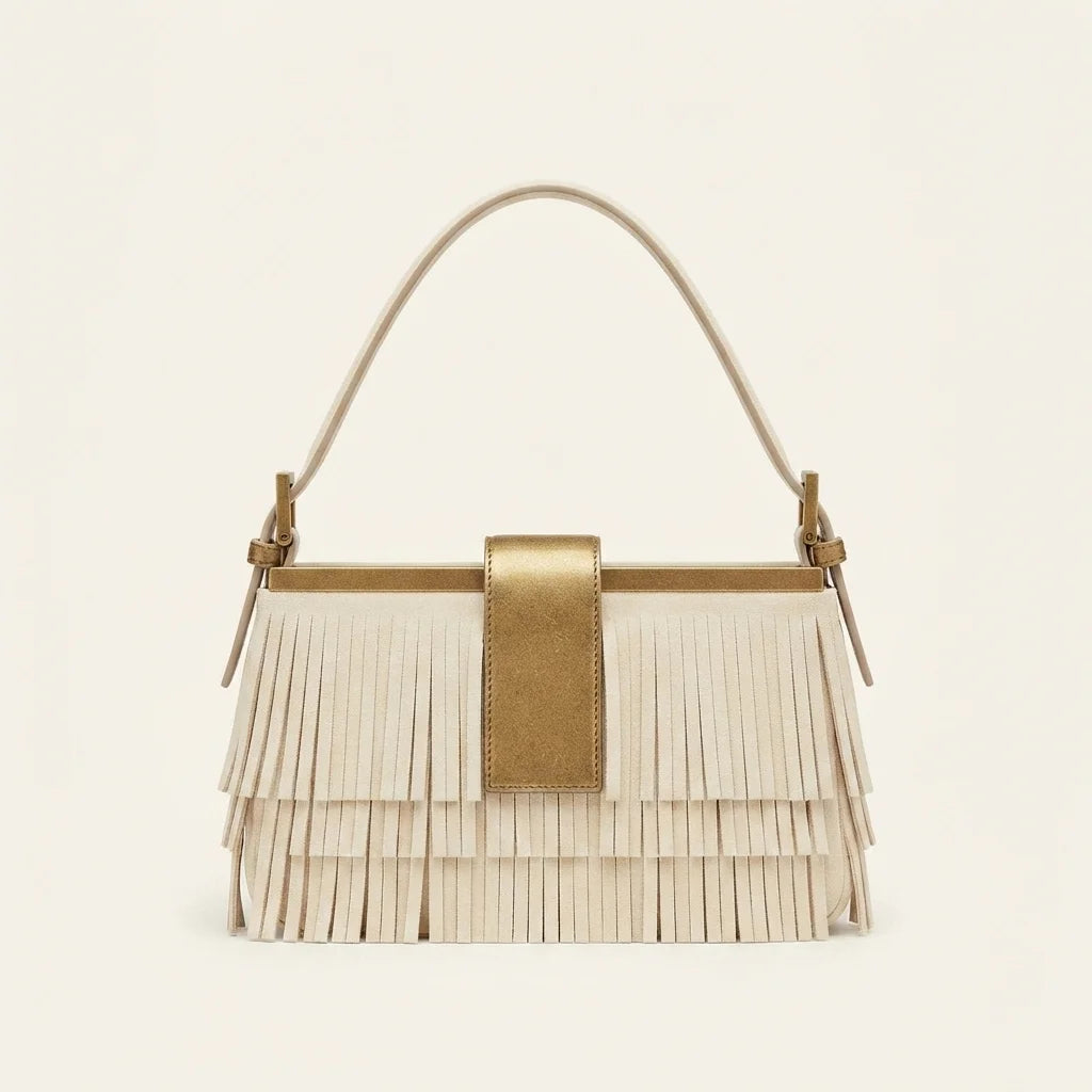 Cream fringe shoulder bags designer, front view