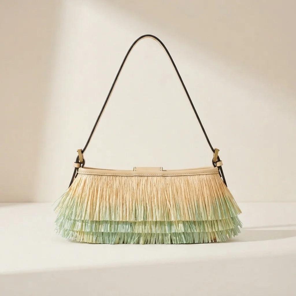 Back panel of Green fringe shoulder bags designer with strap attachments