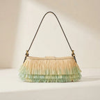 Back panel of Green fringe shoulder bags designer with strap attachments