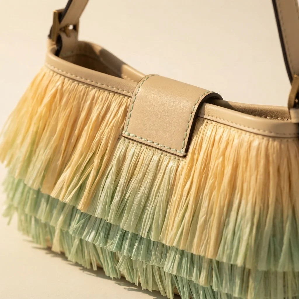 Close-up of fringe stitching and texture on Green fringe shoulder bags designer