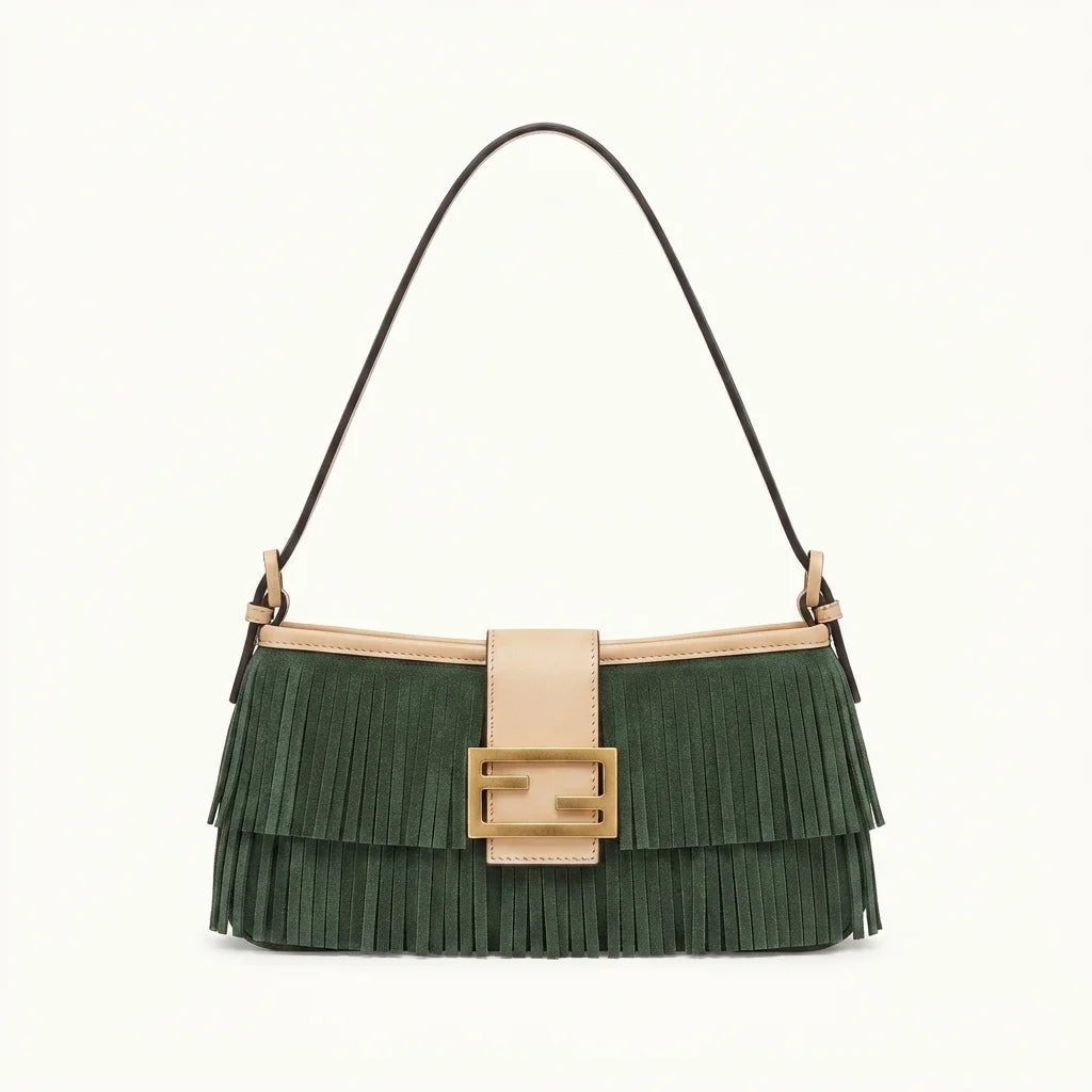 Green fringe shoulder bags designer, front view
