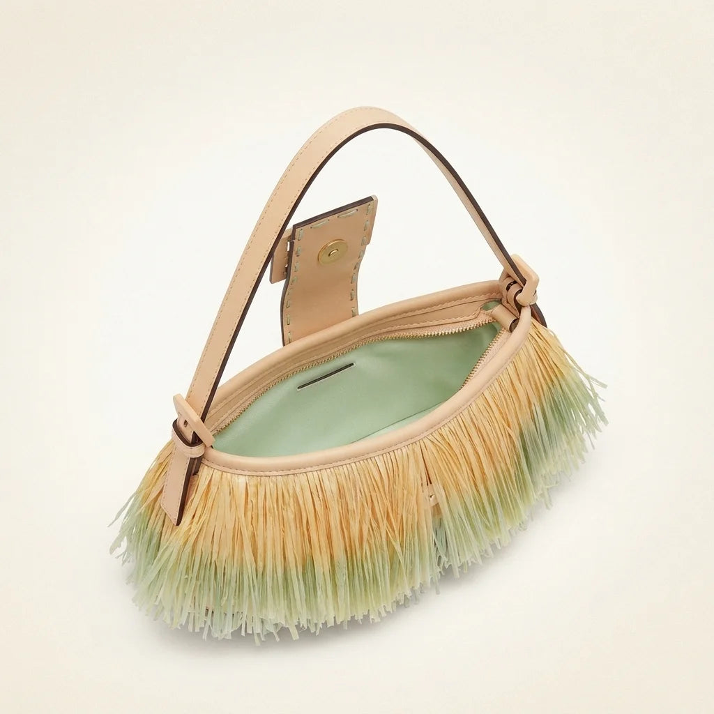 Interior lining and pockets of Green fringe shoulder bags designer
