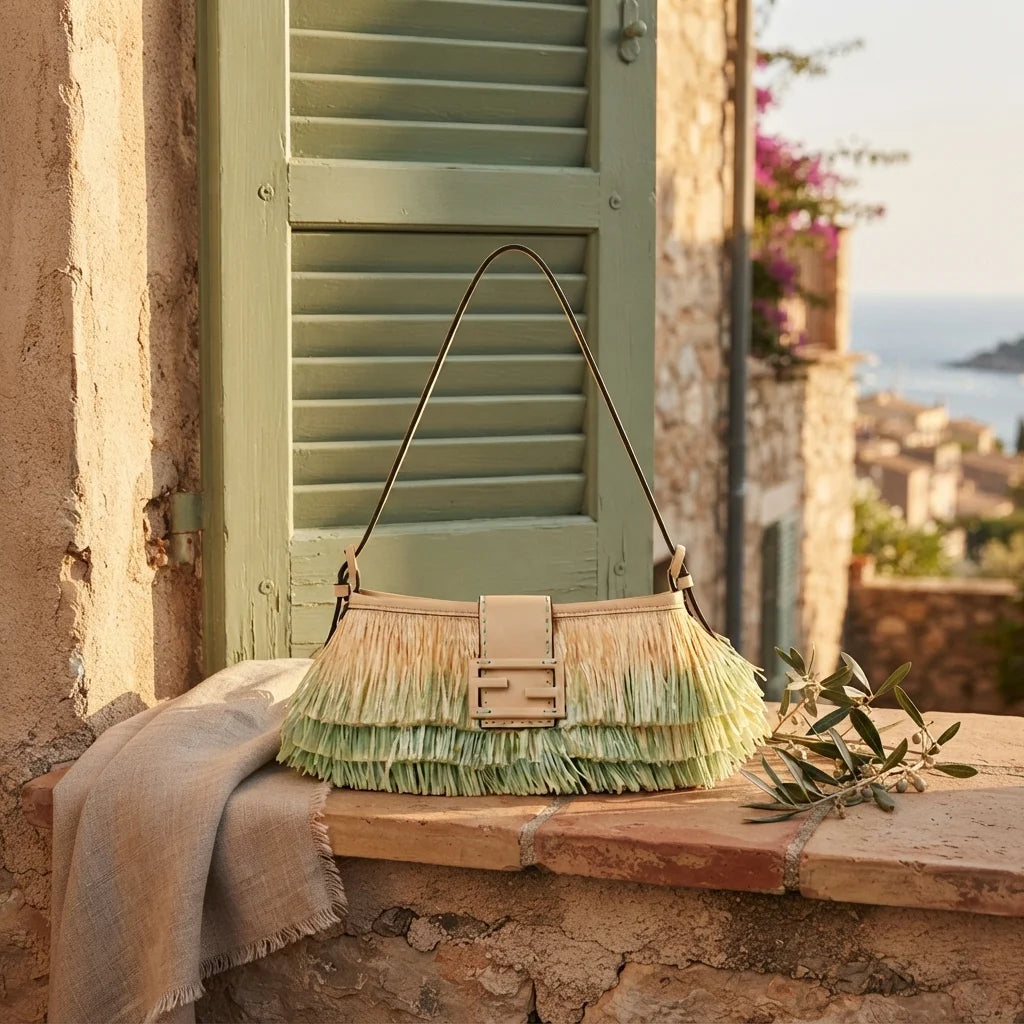 Green fringe shoulder bags designer styled in a warm Mediterranean setting