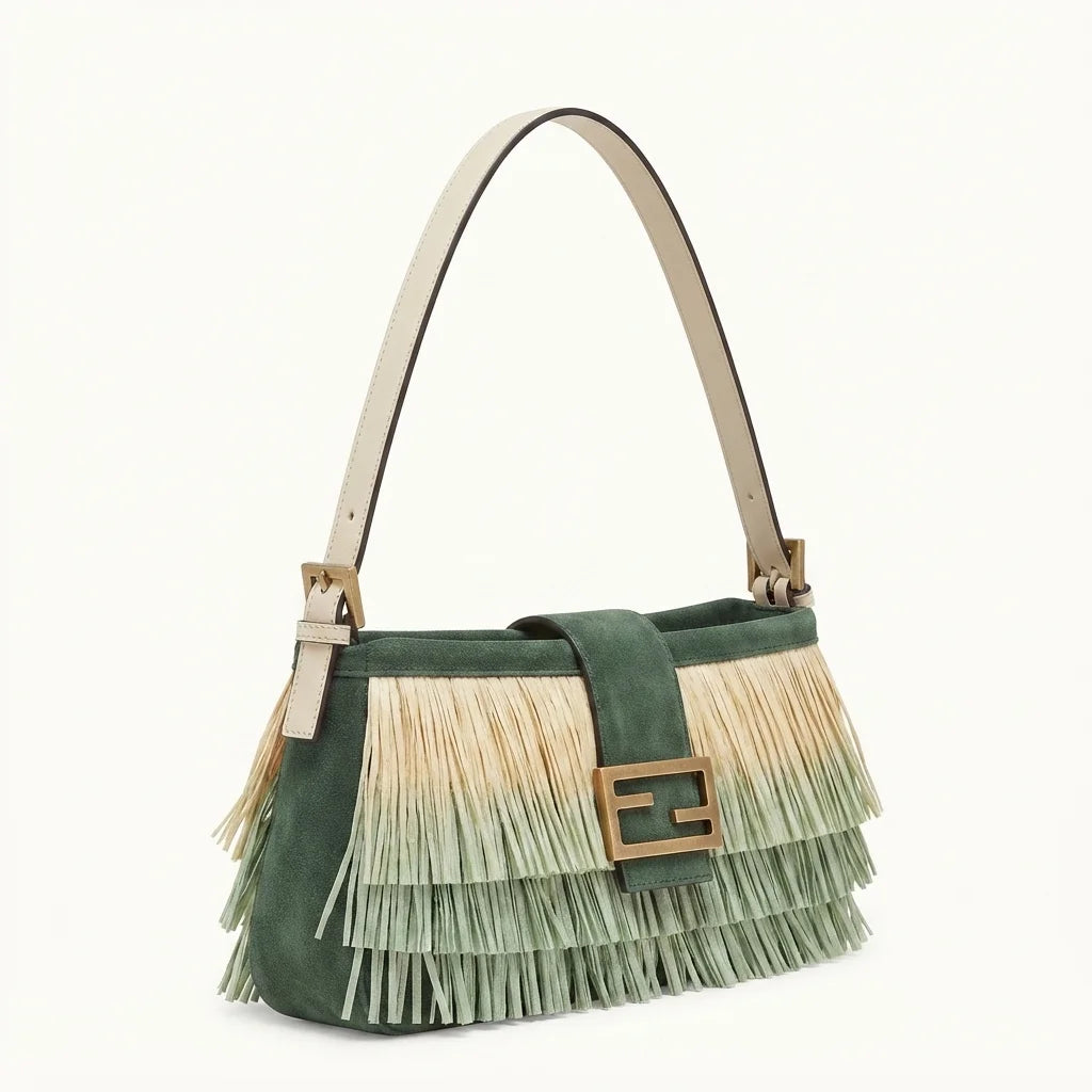 Green fringe shoulder bags designer, three-quarter angle showing side depth