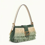 Green fringe shoulder bags designer, three-quarter angle showing side depth