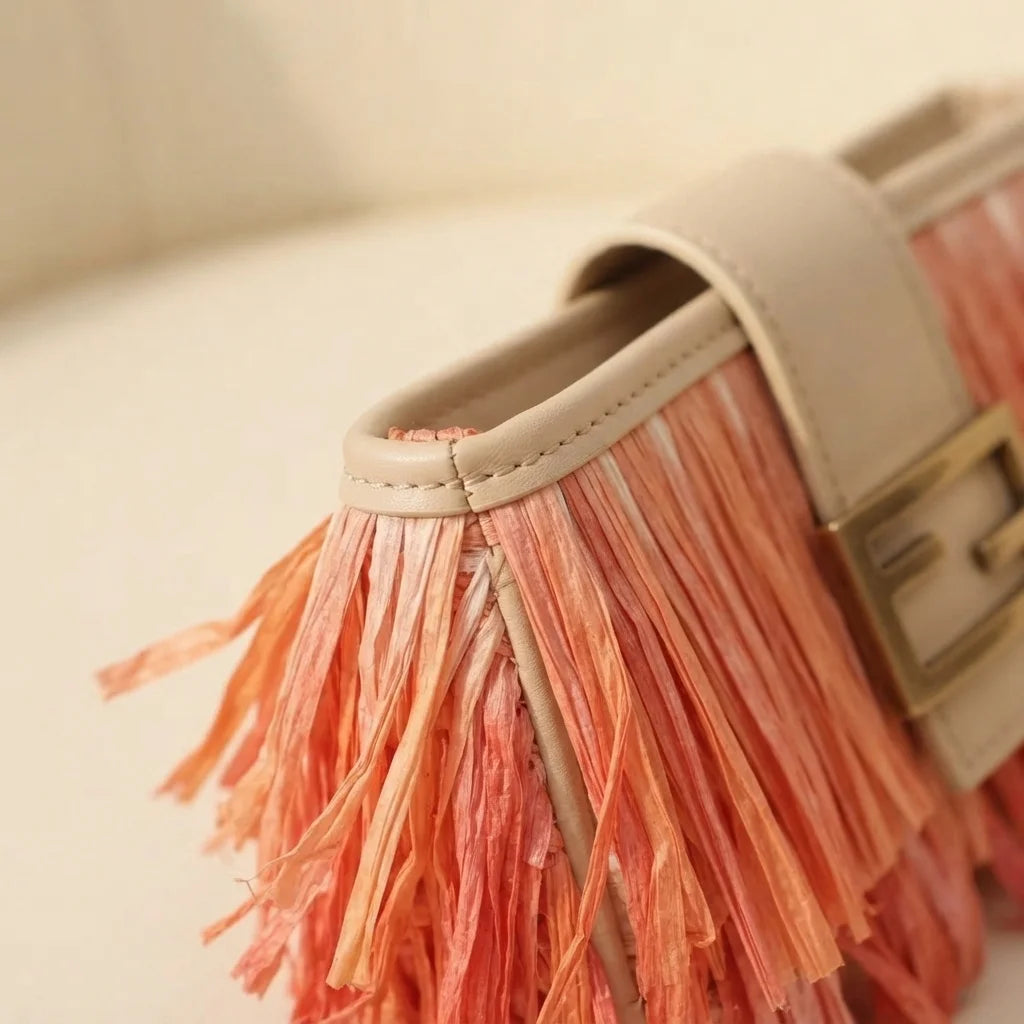 Close-up of fringe stitching and texture on Orange fringe shoulder bags designer