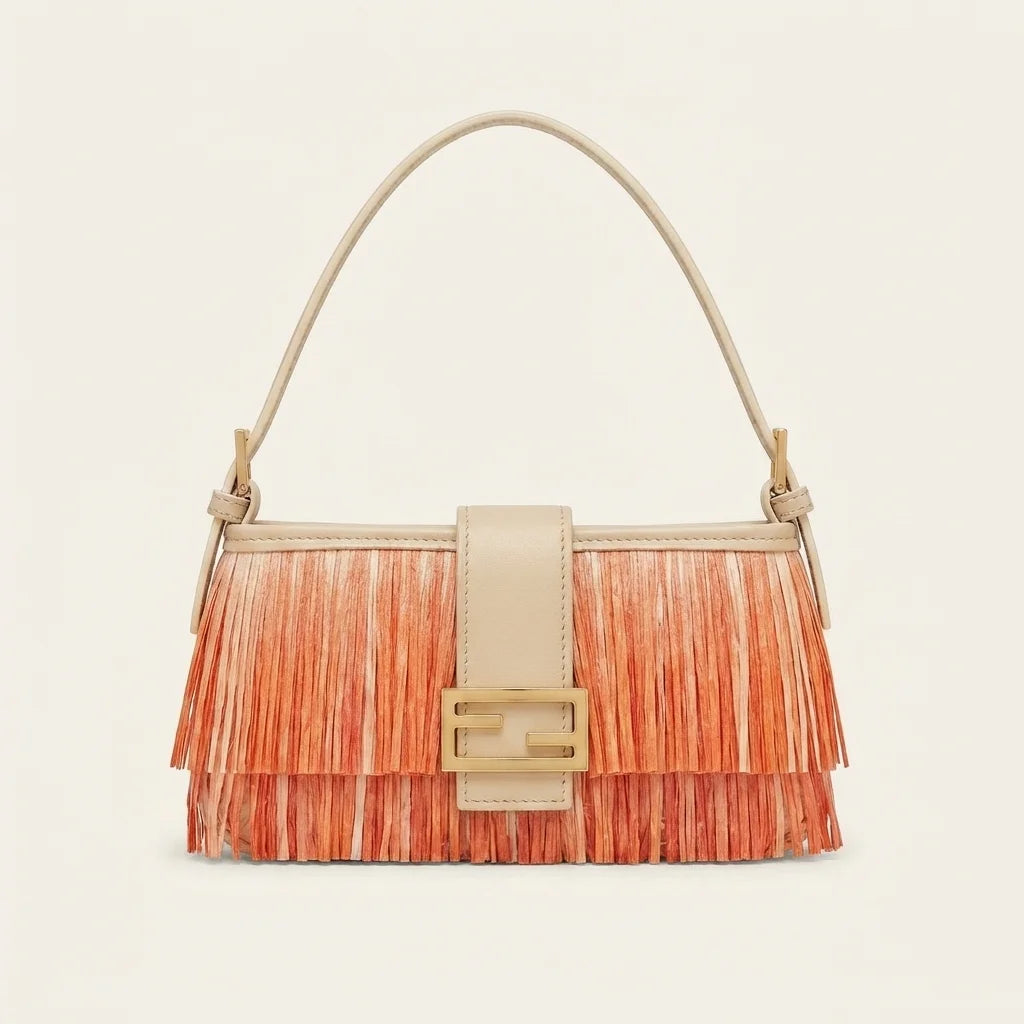 Orange fringe shoulder bags designer, front view