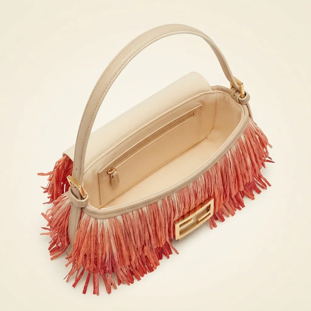 Interior lining and pockets of Orange fringe shoulder bags designer