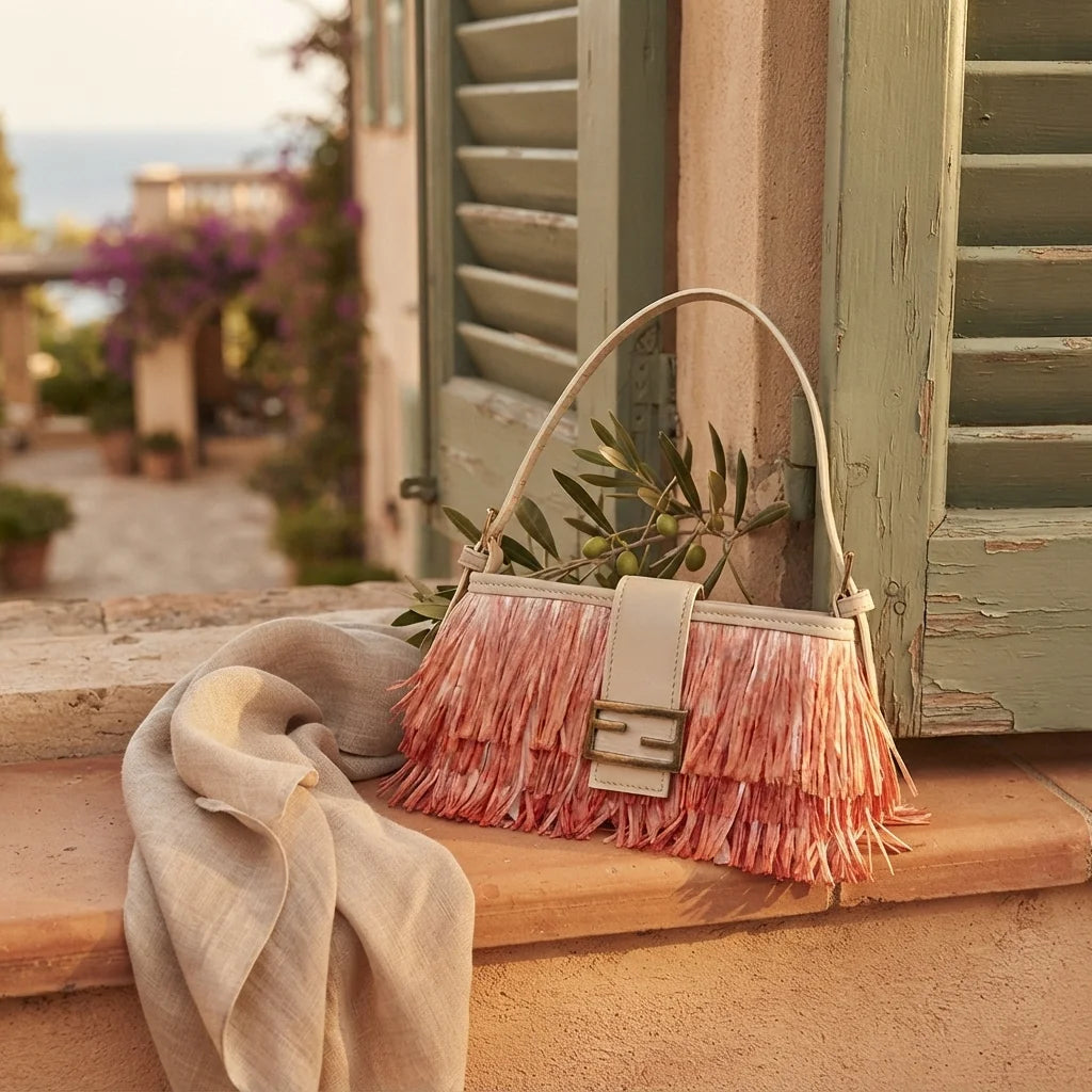 Orange fringe shoulder bags designer styled in a warm Mediterranean setting