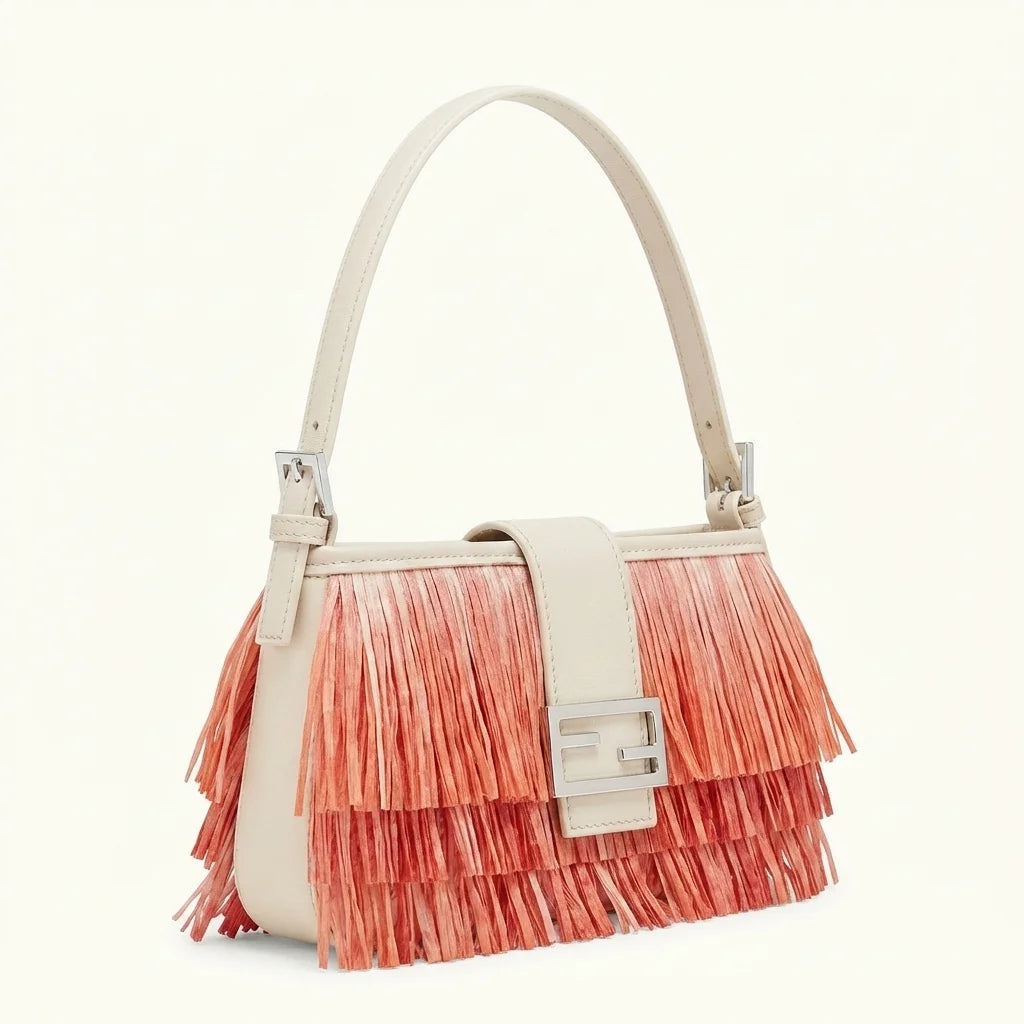 Orange fringe shoulder bags designer, three-quarter angle showing side depth