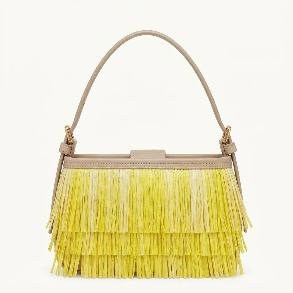 Back panel of Yellow fringe shoulder bags designer with strap attachments