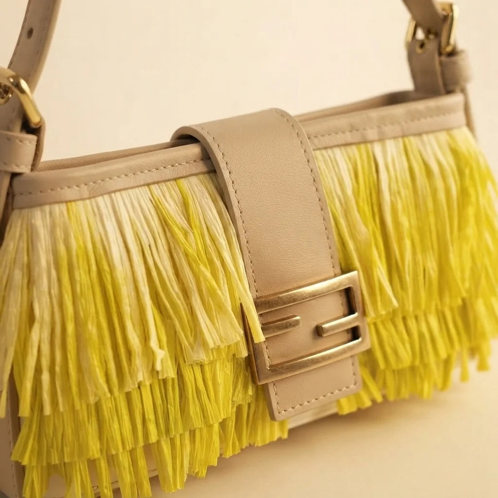 Close-up of fringe stitching and texture on Yellow fringe shoulder bags designer