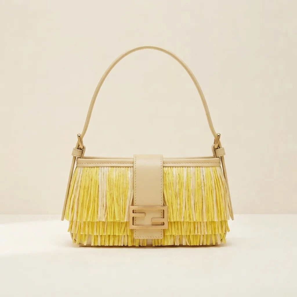 Yellow fringe shoulder bags designer, front view