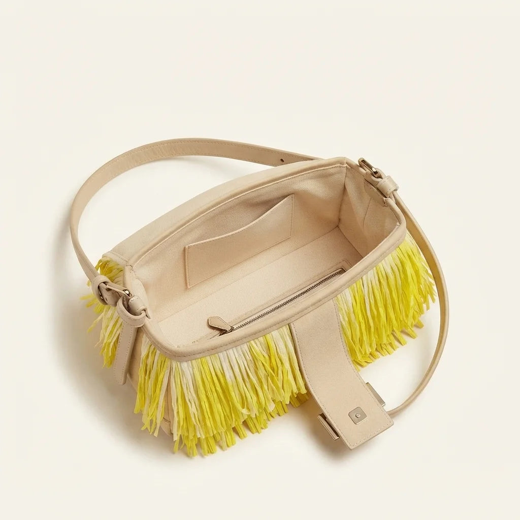 Interior lining and pockets of Yellow fringe shoulder bags designer