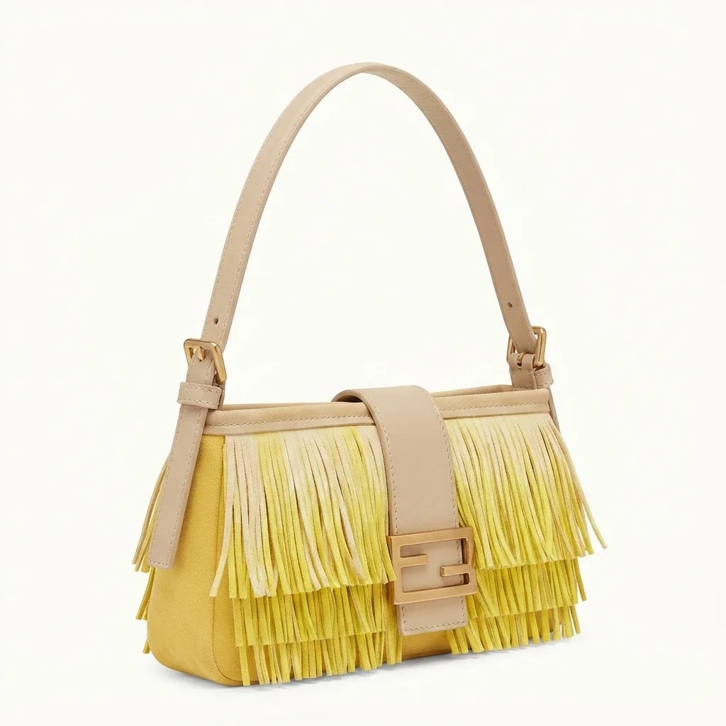 Yellow fringe shoulder bags designer, three-quarter angle showing side depth