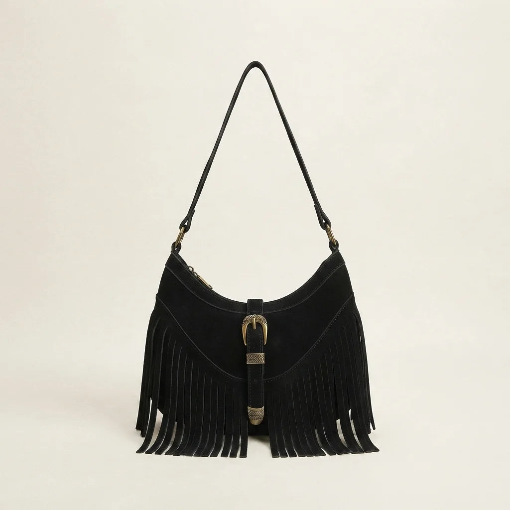 Black fringe sling bag, front view
