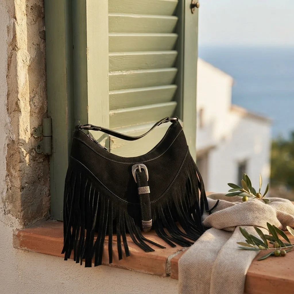 Black fringe sling bag styled in a warm Mediterranean setting