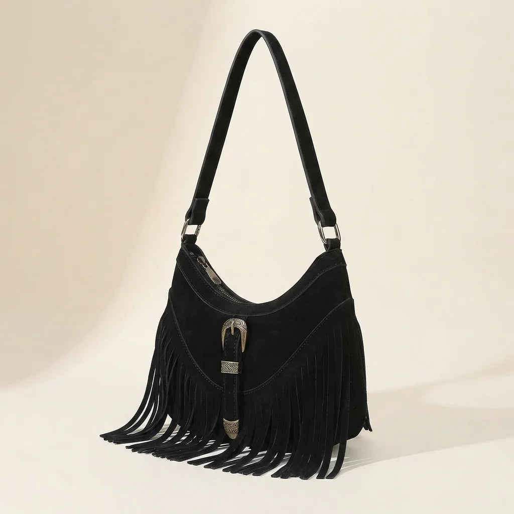 Black fringe sling bag, three-quarter angle showing side depth