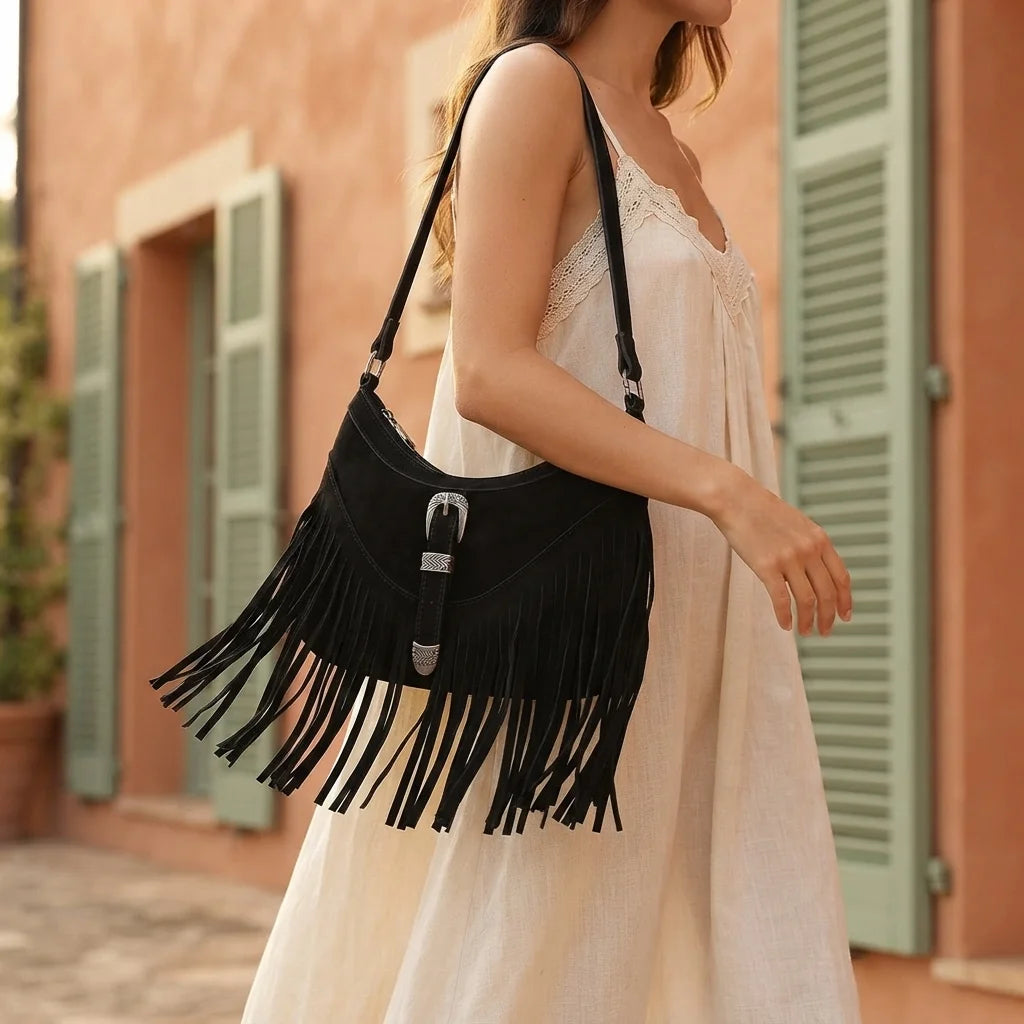 Woman wearing Black fringe sling bag with swaying fringe