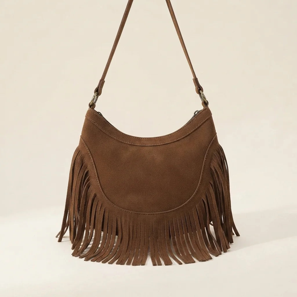 Back panel of Brown fringe sling bag with strap attachments