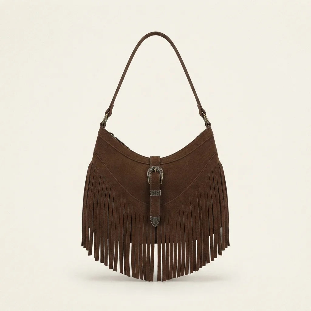 Brown fringe sling bag, front view