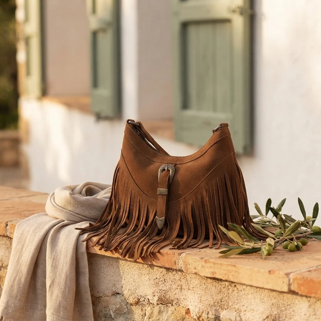 Brown fringe sling bag styled in a warm Mediterranean setting