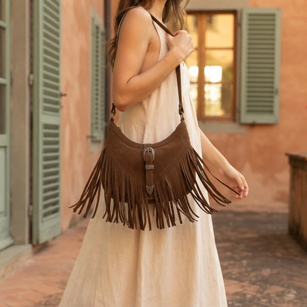 Woman wearing Brown fringe sling bag with swaying fringe