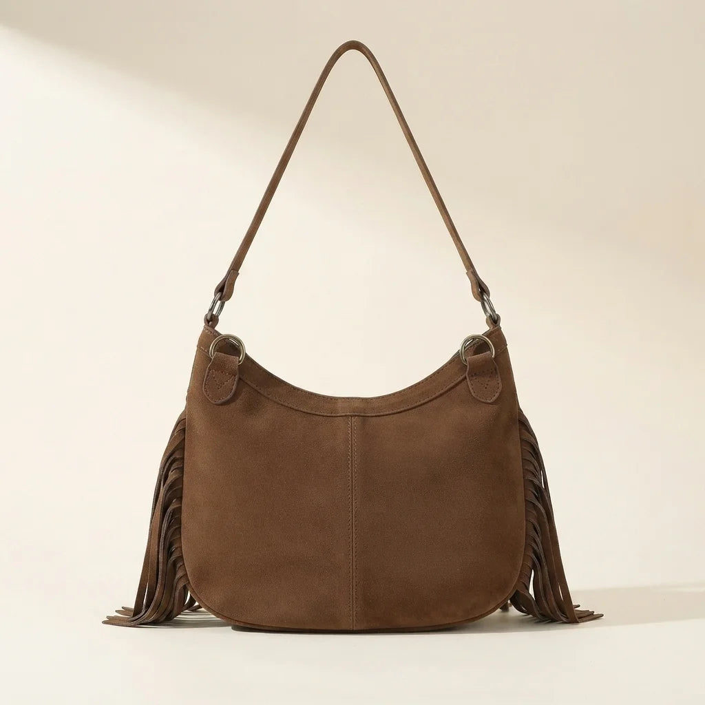 Back panel of Coffee fringe sling bag with strap attachments