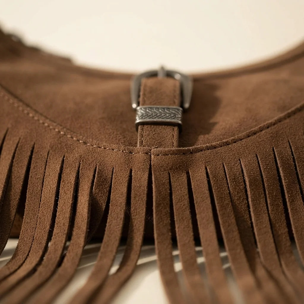 Close-up of fringe stitching and texture on Coffee fringe sling bag