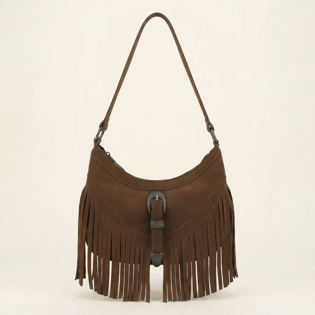 Coffee fringe sling bag, front view