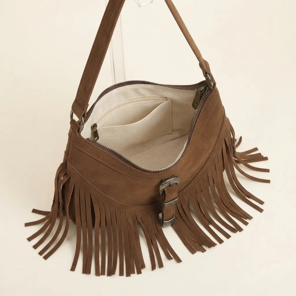 Interior lining and pockets of Coffee fringe sling bag