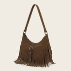 Coffee fringe sling bag, three-quarter angle showing side depth