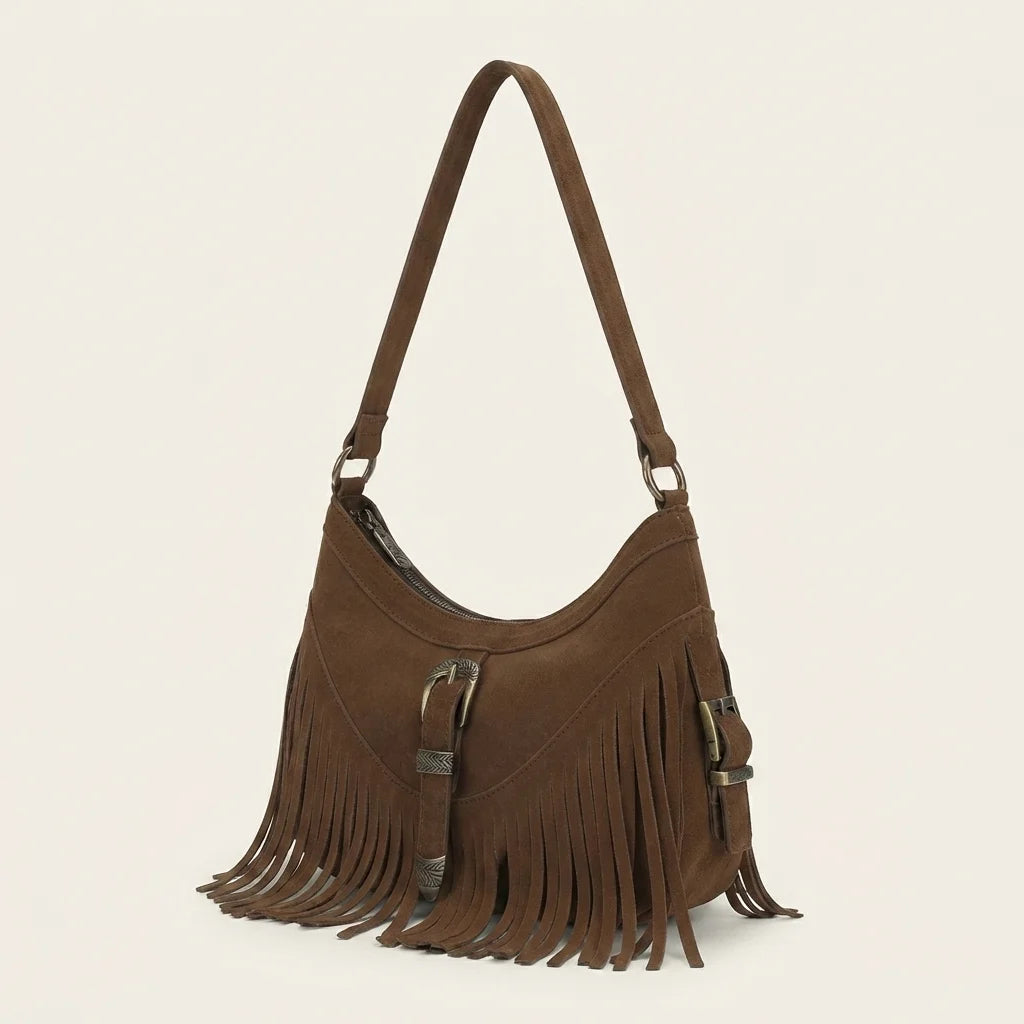 Coffee fringe sling bag, three-quarter angle showing side depth