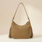 Back panel of Khaki fringe sling bag with strap attachments
