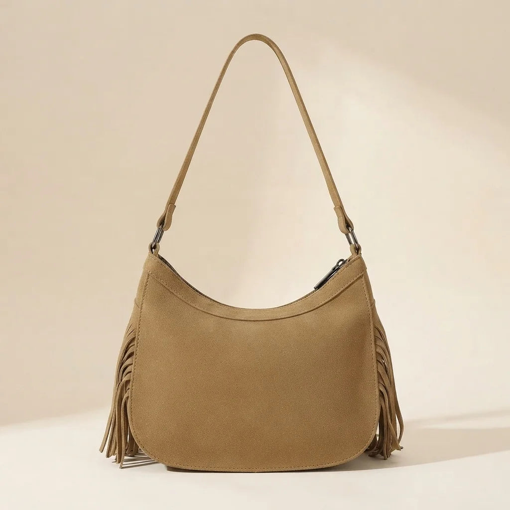 Back panel of Khaki fringe sling bag with strap attachments