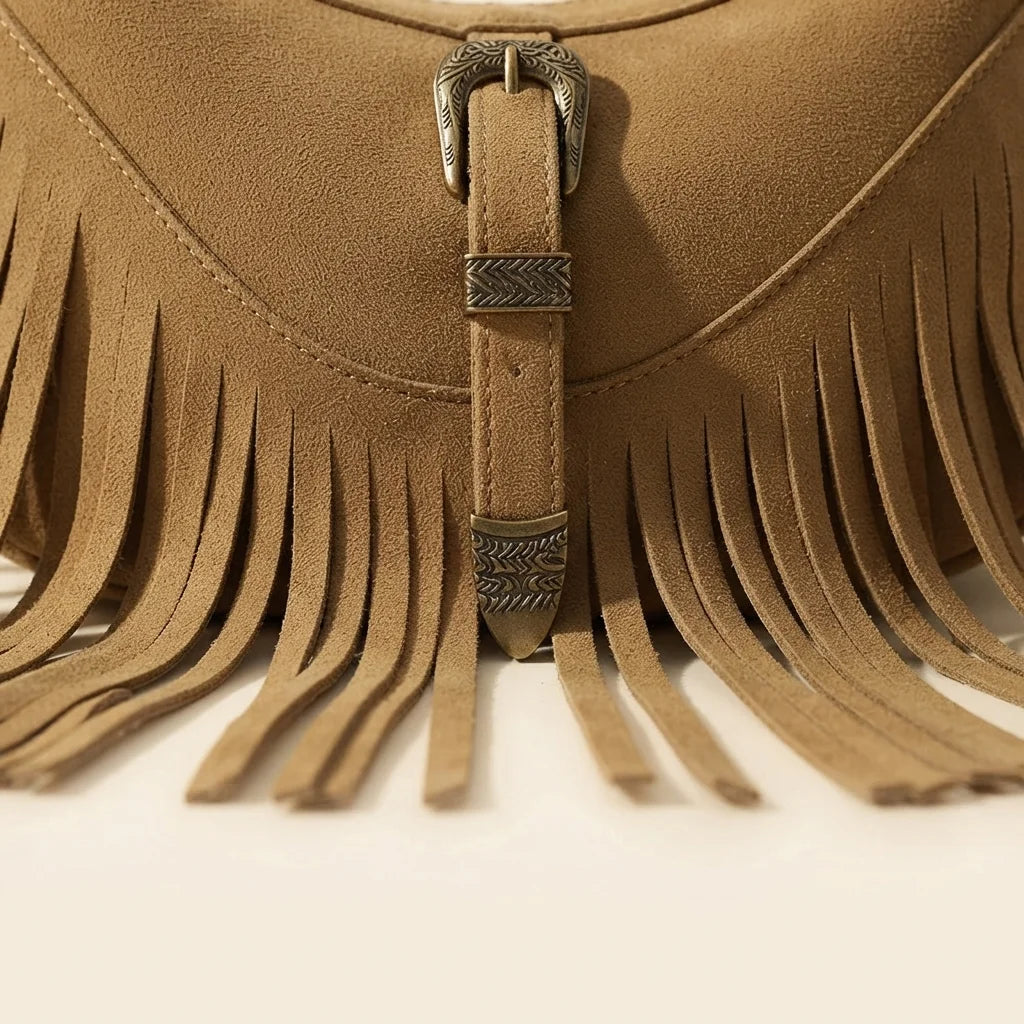 Close-up of fringe stitching and texture on Khaki fringe sling bag