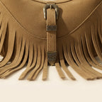Close-up of fringe stitching and texture on Khaki fringe sling bag